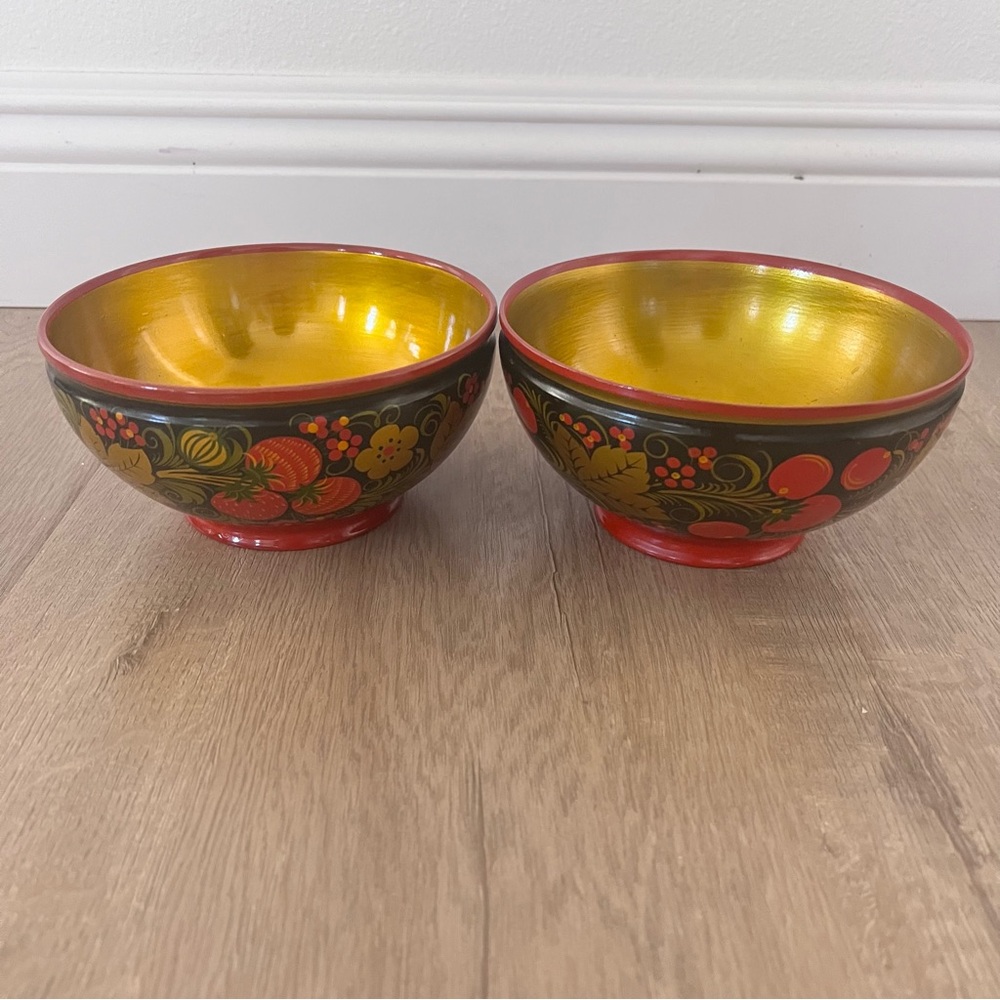 2- Vintage Russian Khokhloma Hand Painted‎ Laquer Bowls USSR 7" Black Gold - BIG